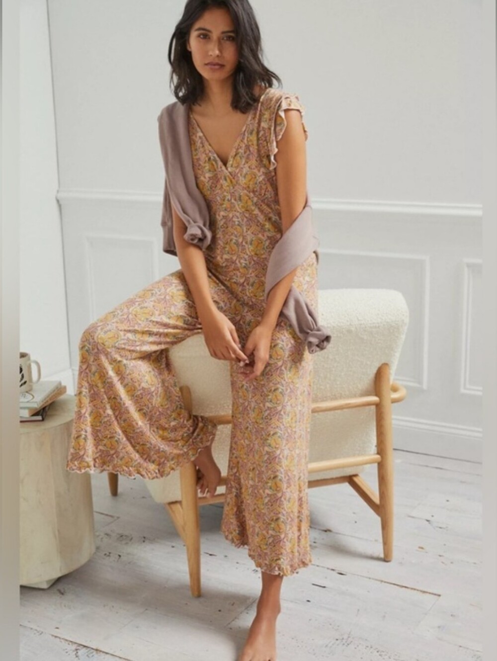 Anthropologie Matilda Ruffled Jumpsuit - Wide-Leg - V-neck - Paisley - Size M